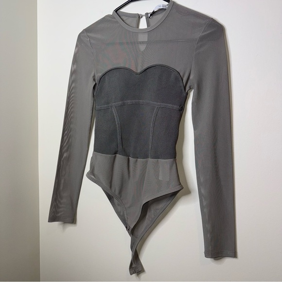 Zara Khaki Mesh Knit Long Sleeve Bodysuit - Picture 5 of 9